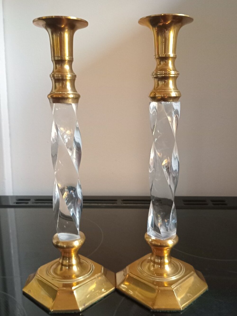 VINTAGE PAIR MCM BRASS TWISTED LUCITE CANDLEHOLDERS 12 INCH